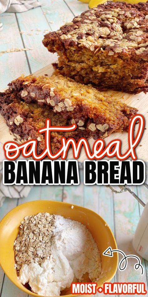 Delicious banana oatmeal bread with extra protein and texture. Perfectly moist sour cream style banana bread but easier than your favorite coffee cake. Banana Oatmeal Bread, Oatmeal Bread Recipe, Banana Oat Bread, Oatmeal Banana Bread, Sweet Banana Bread, Sour Cream Banana Bread, Banana Chocolate Chip Cookies, Oatmeal Banana, Banana Dessert Recipes