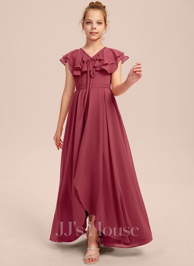 [US$ 59] A-line V-Neck Floor-Length Chiffon Junior Bridesmaid Dress With Bow (009285702) Childrens Bridesmaid Dresses, Bridesmaid Dresses Fall, Cinnamon Rose, Winter Bridesmaid Dresses, Fall Bridesmaid Dresses, Dresses Fall, Junior Bridesmaid Dress, Junior Bridesmaid Dresses, Junior Bridesmaid