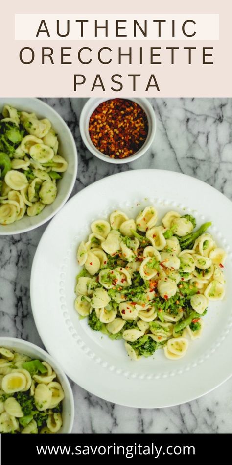 Orecchiette Pasta with Broccoli Sauce - is a really easy pasta dish and and so delicious! This is total Italian comfort food. This simple pasta recipe comes together in less than 30 minutes! A no-fuss dinner that is vegan, flavorful, and family friendly. Orecchiette Pasta Recipes Vegetarian, Orriechete Pasta, Orrichettie Pasta, Orchiette Pasta Recipes Dinners, Orchetta Pasta Recipe, Orechetti Recipies, Orrechiette Recipes, Broccoli Orecchiette, Orecchiette Pasta Recipes