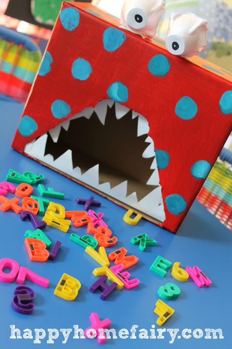 A creative idea to teach alphabets to your kids without them knowing! Ask them to feed the monster an "a" if they put in the wrong letter shake it around ad have him spit it back out then ask them to try again Alphabet Monster, School Bus Crafts, Feed The Monster, Bus Crafts, Happy Home Fairy, Abc Crafts, Sensory Items, Speech Ideas, Back To School Crafts