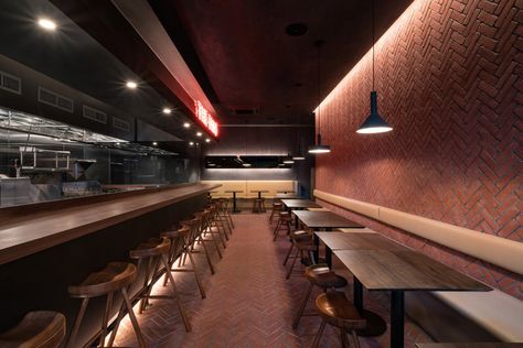 Herringbone brickwork covers Chinese restaurant The Tang in New York by New Practice Studio Sheng Long, Noodle Bar, Counter Seating, Chinese Noodles, Weathering Steel, Stucco Walls, Long Walls, Built In Seating, Chinese Garden