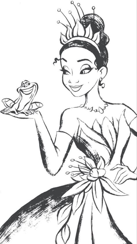 Simple Disney Sketches, Tiana Drawing Sketches, Princess Tiana Sketch, Tiana Crown Tattoo, Princess And The Frog Drawing Ideas, Princess And The Frog Sketches, Tiana Princess And The Frog Drawing, Coloring Pages Disney Characters, Tiana Tattoo Disney