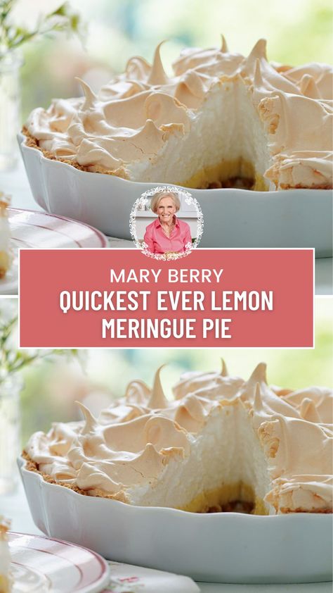 Mary Berry Quickest Ever Lemon Meringue Pie Baked Meringue Recipe, Lemon Pie Meringue, Meringue Recipe For Pie, Mary Berry Lemon Meringue Pie, Easy Lemon Meringue Pie Recipe, Mary Berry Desserts, Mary Berry Recipes Baking, Mary Berry Baking, Easy Lemon Meringue Pie