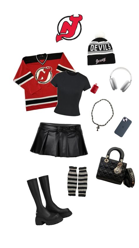 nhl new jersey devils hockey wag outfit aesthetic Hockey Aesthetic Outfits, Outfits With Hockey Jerseys, How To Style A Hockey Jersey, New Jersey Devils Outfit, Nhl Jersey Outfit, Paparazzi Outfits, Hockey Jersey Outfit Woman, Hockey Wag, Devils Hockey