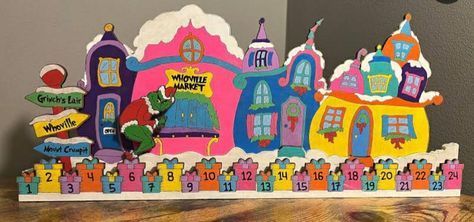 Whoville Houses Diy The Grinch, Grinch Display, Grinch House, Who Ville Village, Grinch Bulletin Board Ideas, Whoville Houses Diy, Grinch Library Bulletin Boards, Whoville University Svg, Penguin Room