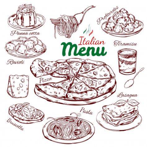 Italian food sketch collection | Free Vector #Freepik #freevector Italian Food Menu, Italy Sketches, Pizza Lasagna, Pizza Vector, Pizza Art, Food Doodles, Food Sketch, Food Banner, Drawing Examples