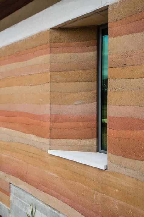 Rammed Earth Residence - enabler, llc Kaira Looro, Rammed Earth Homes, Rammed Earth Wall, Wood Details, Rammed Earth, Cob House, Earth Design, Earth Homes, Modern Windows