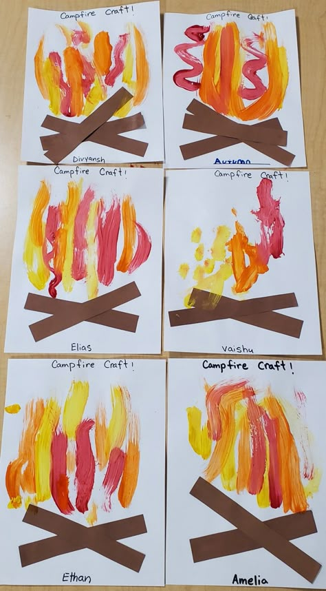 Fire Activity For Preschool, Camp Fire Craft For Preschool, Fire Craft Preschool, September Arts And Crafts Preschool, Station Ideas For Preschool, Campfire Art Preschool, Fire Preschool Crafts, Smores Activities For Preschool, Firetruck Craft For Toddlers