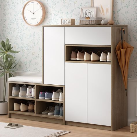 PRICES MAY VARY. This shoe cabinet is designed with a door rebound device without handles, adding a modern look to your room while meeting the convenience of opening and closing doors. With multiple adjustable shelves, this shoe cabinet has flexible storage space and can hold up to 15-20 pairs of shoes, suitable for most flat shoes. The cushion can increase the comfort of the shoe rack bench, you can comfortably sit and change shoes. This shoe storage cabinet is made of Particle Board, which is Wood Shoe Storage, Shoe Rack Bench, Shelves Design, Shoe Cabinets, Shoe Storage Bench, Shoes Rack, Rustic Entryway, Shoe Storage Solutions, Entryway Shoe