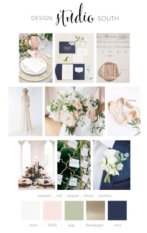 Mood Board:: stone, blush, sage, champagne, + navy Navy Champagne Wedding, Champagne Wedding Colors Scheme, Champagne And Blue Wedding, Wedding Theme Color Schemes, Champagne Wedding Colors, Wedding Motifs, Wedding Color Trends, Sage Wedding, Wedding Palette