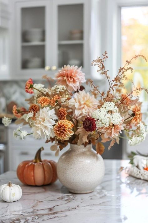 15 Easy Ideas To Transition Decor From Summer to Fall Summer To Fall Decor, White Pumpkin Centerpieces, Thanksgiving Floral Arrangements, Elegant Fall Decor, November Flower, Thanksgiving Floral, Fall Floral Arrangements, Flower Vase Arrangements, Fall Decor Ideas