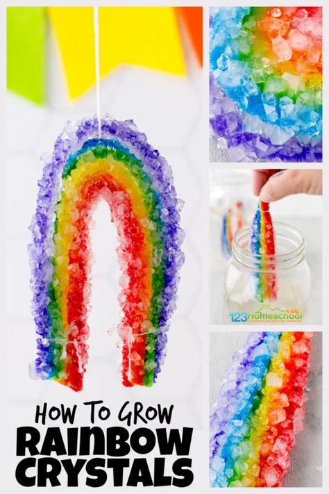 Kids are going to be wowed and amazed as they learn how to make rainbow crystals in this fun rainbow activity for kids! You can quickly and easily grow your own crystals with these fun spring activities for preschool, pre-k, kindergarten, first grade, 2nd grade, 3rd grade, 4th grade, and 5th grade students.  This borax crystals science project is perfect for celebrating spring, as a St Patricks day activity, or a rainbow activity for preschoolers. Rain Crafts, Grow Your Own Crystals, Rainbow Experiment, Spring Science, Borax Crystals, Rainbow Project, Rainbow Activities, Science Activity, Kids Science