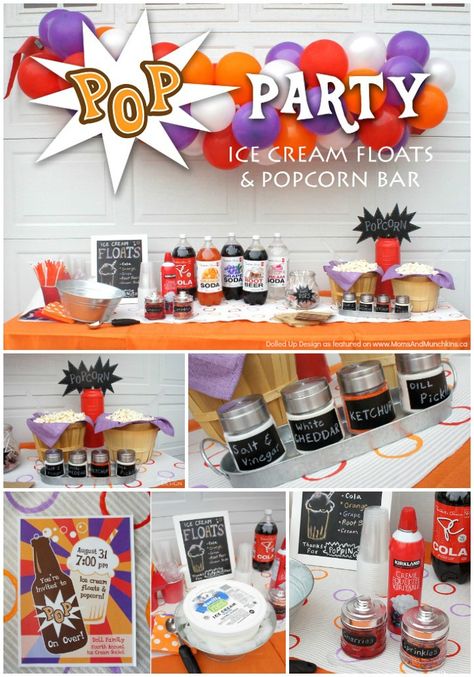 Pop Party! Ice Cream Floats & Popcorn Bar Pop Party Theme, Ice Cream Float Party, Ice Cream Float Bar, Root Beer Float Bar, Float Bar, Popcorn Buffet, Ice Cream Float, Resident Events, Soda Floats