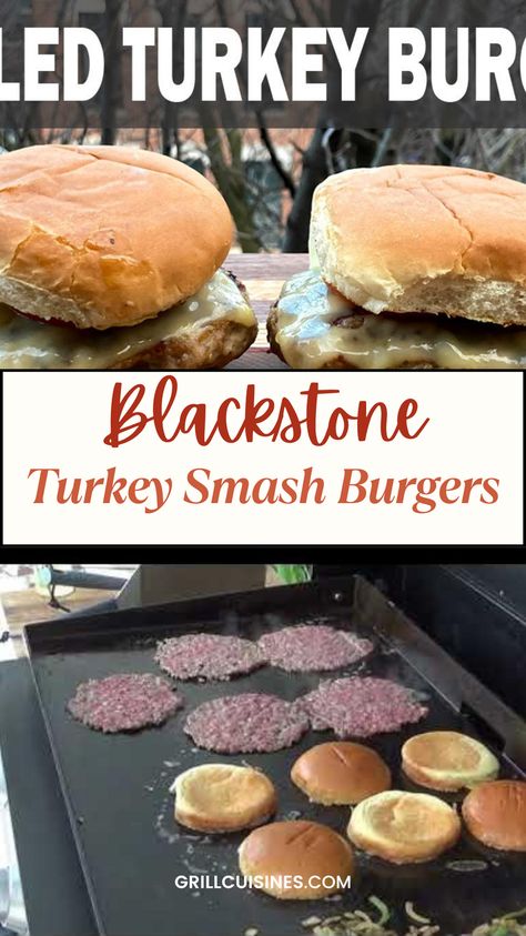 Upgrade your burger game with this irresistible Turkey Smash Burgers recipe! Made with seasoned ground turkey, these burgers are smashed on the griddle for a crispy, caramelized exterior and juicy interior. Perfect for a quick weeknight meal or a weekend BBQ, these healthier burgers are packed with flavor and easy to make. Top them with your favorite ingredients. Try Blackstone Turkey Smash Burgers recipe and satisfy your burger cravings today! Ground Turkey Blackstone, Blackstone Ground Turkey Recipes, Smashed Turkey Burger Recipes, Smashed Turkey Burger, Smash Turkey Burger Recipe, Ground Turkey Smash Burgers, Turkey Smash Burger Recipes, Smash Turkey Burger, Smash Burgers On Griddle