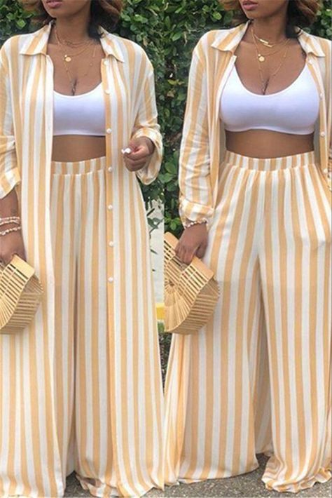 Pin on Outfits Striped Set, Classy Jumpsuit, 2piece Outfits, 90s Fashion Outfits, Classy Dress Outfits, Striped Shirt Dress, Classy Casual Outfits, Stripe Shirt, Latest African Fashion Dresses