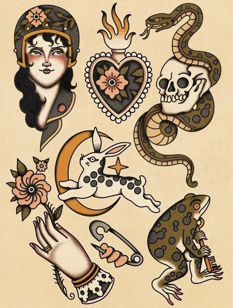 Cute American Traditional Tattoo Flash, Old American Traditional Tattoo, Vintage American Traditional Tattoo, American Tradional Tattoos, Flash Tattoo Designs Traditional, Traditional Tattoos Feminine, Traditional Tattoos Unique, Vintage American Traditional Tattoo Flash, Easy Traditional Tattoo