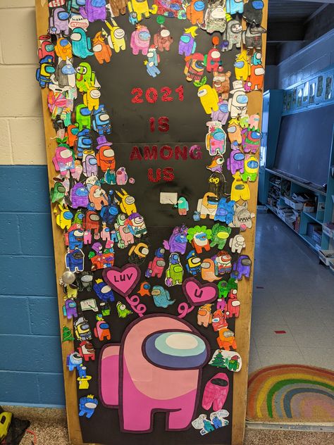 Among Us classroom door! My first contribution to Pinterest classroom stuff :) Among Us Classroom, Classroom Door Decorating, Techie Teacher, School Door Decorations, 2nd Grade Art, Teacher Doors, School Doors, Elementary Classroom Decor, Middle School Reading