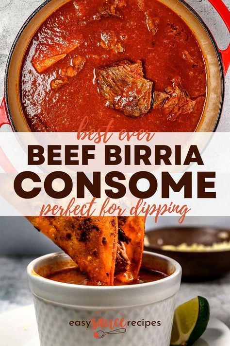 My Birria Consome is a rich and deeply flavorful Mexican sauce made with a mixture of savory, sweet, earthy, smoky, and spicy seasonings which bring incredible flavor to every single bite. Birria consome can be used as the base for a Mexican beef stew, but I love to take the consume and use it as a sauce for quesabirria tacos, burritos, over rice, or even chimichangas! Consume Sauce For Tacos, Birria Sauce For Tacos, Birria Tacos Consome Recipe, Birria Sauce Recipe Mexican Easy, Easy Birria Consome, Non Spicy Birria Tacos, Birra Taco Sauce Recipe, Birria Juice Recipe, Consomme Birria Tacos