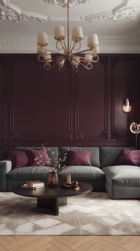 25 Living Room Paint Colors Ideas for Small & Large Spaces | Behr, Neutral & More Plum Lounge Living Rooms, Behr Dark Purple Paint Colors, Brinjal Farrow And Ball Living Room, Wall Design Ideas Living Room Home Decor Paint Colors, Living Room Paint Color Ideas High Ceilings, Dusty Plum Paint Color, Chaise Mauve Sherwin Williams, Dark Plum Paint Color, Poetry Plum Sherwin Williams