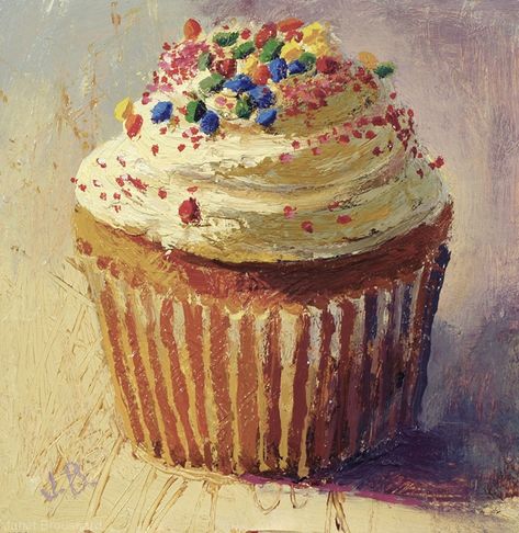 Cupcake by Janet Broussard, Oil, 5 x 5 Cupcake Painting, Cupcake Drawing, Cake Drawing, Pastel Cakes, Food Artwork, Cupcake Art, Watercolor Food, Food Painting, Painted Cakes