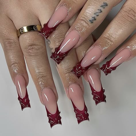 ig: nailsxomari Burgundy French Tip Square, Red French Nails Square, Burgundy French Tip Nails Acrylic, Red Acrylic Nails Square, Red French Tip Nails Square, Burgundy Nails Acrylic, Tapered Square Nails, Square Nail, Red Acrylic Nails