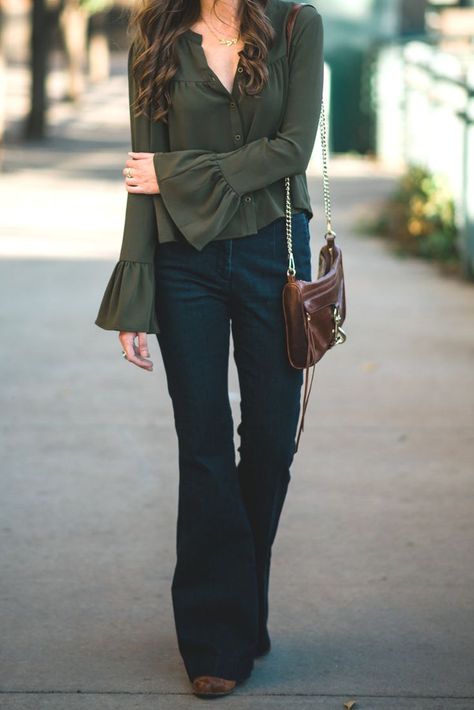 Army Green Bell Sleeve top from Nordstrom Rack - fall fashion Flared Sleeves Top Outfit, Bell Sleeve Blouse Outfit, Nordstrom Rack Outfits, Bell Sleeve Top Outfit, Bell Sleeve Outfit, Green Blouse Outfit, Sleeve Top Outfit, Sleeve Shirt Outfit, Classic Capsule Wardrobe