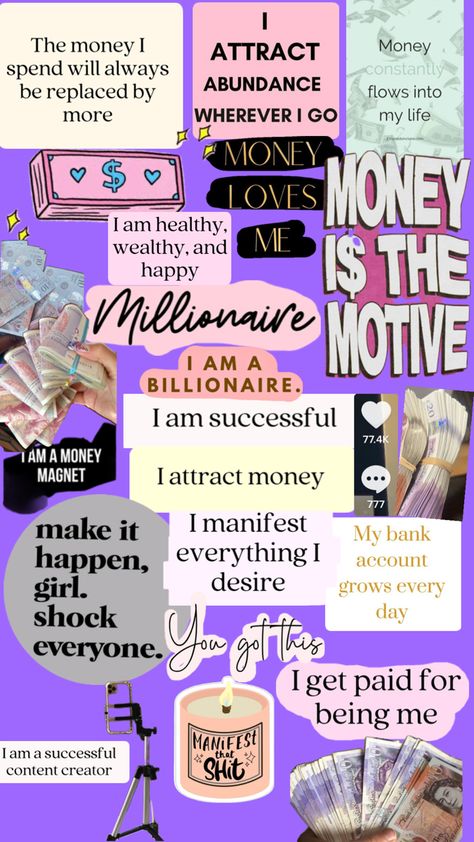 Manifest money, Financial freedom, positive relationship with money 💵 millionaire 🤩 Positive Manifestation Wallpaper, Vision Board Design, Manifesting Money Affirmations, Relationship Vision Board, Vision Board Success, Creative Vision Boards, Vision Board Pics, Vision Board Collage, Positive Relationship