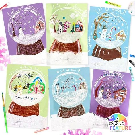 Snow Globes Painting, Winter Value Art Projects, Winter Art Projects 3rd Grade, Snowglobe Art For Kids, Christmas Art For 4th Grade, Elementary Christmas Art Lessons, Snow Globe Art Lesson, Snowglobe Art Project For Kids, 8th Grade Christmas Art Project