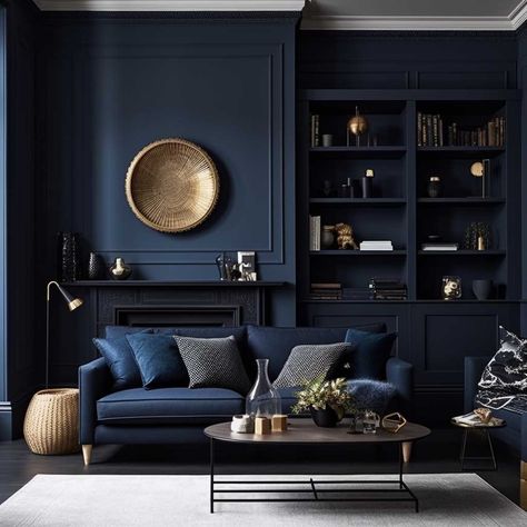 Deep Blue Walls Living Room, Dark Blue Gold Living Room, Dark Blue Study Room, Dark Blue Wall Color Paint Colours, Home Living Room Colors, Dark Blue Sitting Room Ideas, Dark Navy Blue Living Room, Navy Living Rooms Ideas, Moody Blue Living Room Dark Walls