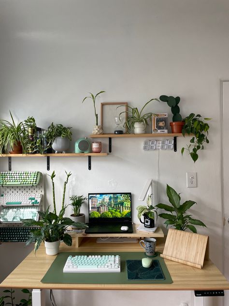 Bonsai Tree Room Decor, Dorm Desk Plants, Brown Wood Desk Decor, Desk Ideas Plants, Earth Tone Desk, Desk Decor Plants, Desk Green Aesthetic, Plant Desk Aesthetic, Funky Desk Setup