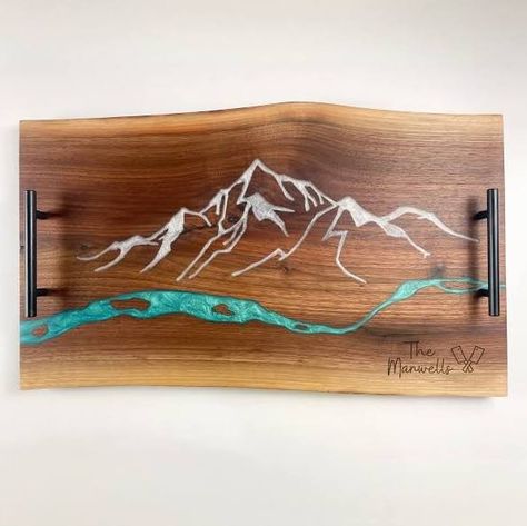 Charcuterie Board With Handles, Mountain And River, Resin And Wood Diy, Wood Art Projects, Cheese Platter, Cnc Wood, Mountain River, Resin Furniture, Epoxy Resin Wood