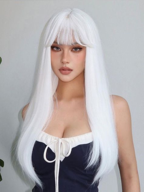 Wigs Design, White Wigs, Long White Hair, Bangs Wig, Celebrity Style Icons, Purple Wig, Long Hair Wigs, Wig Party, Female Hair