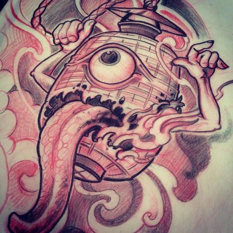 Chochin obake sketch. #yokaimonster by alexdtat2 Namakubi Drawing, Yokai Drawing, Japanese Yokai Drawing, Yokai Cat Tattoo, Kasa Obake Yokai, Japanese Yokai, Tattoo Japanese Style, Lantern Tattoo, Folklore Art