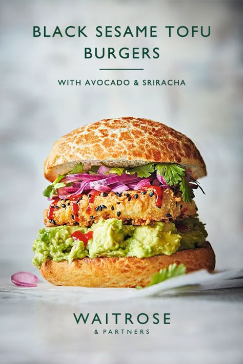 Crispy panko-coated tofu, creamy avocado and spicy sriracha make this a vegan burger for all to enjoy. Tap for the recipe. Tofu Burgers, Burgers With Avocado, Vegan Shopping List, Tofu Burger, Vegan Burger Recipe, Vegetarian Burgers, Sesame Tofu, Vegan Sandwiches, Vegan Shopping