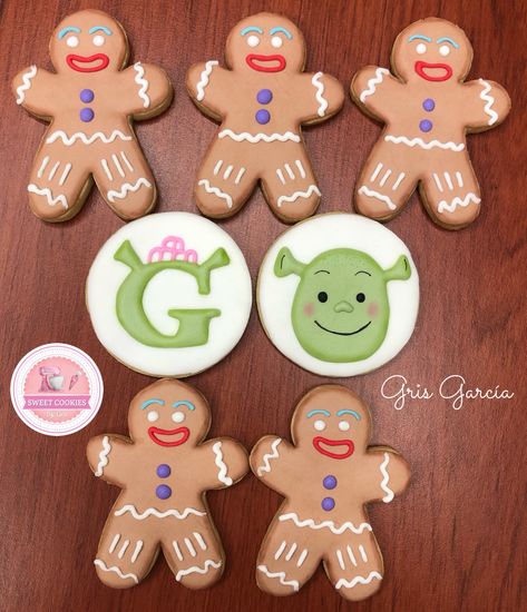 Shrek Gingerbread Man Cookies, Shrek Decorated Cookies, Shrek Sugar Cookies, Shrek Cookies Decorated, Shrek Cookies, Shrek Onion, Shrek Gingerbread, Flood Cookies, Shrek Birthday