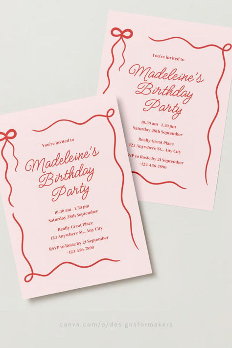 Pink Red Cute Coquette Bow Ribbon Kids Birthday Invitation Bow Invitation Template, Coquette Invitation Template, Coquette Birthday Invitation, Coquette Invitation, Kids Birthday Invitation Template, Bow Invitation, Red Coquette, Kids Birthday Invitation, Cute Coquette