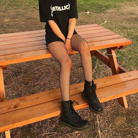 Hot Grunge Outfits, Fishnet Outfit Aesthetic, Fishnet Outfit, Emo Look, Doc Martens Outfit, Fishnet Top, Fashion Grunge, Dec 1, Alternative Outfits