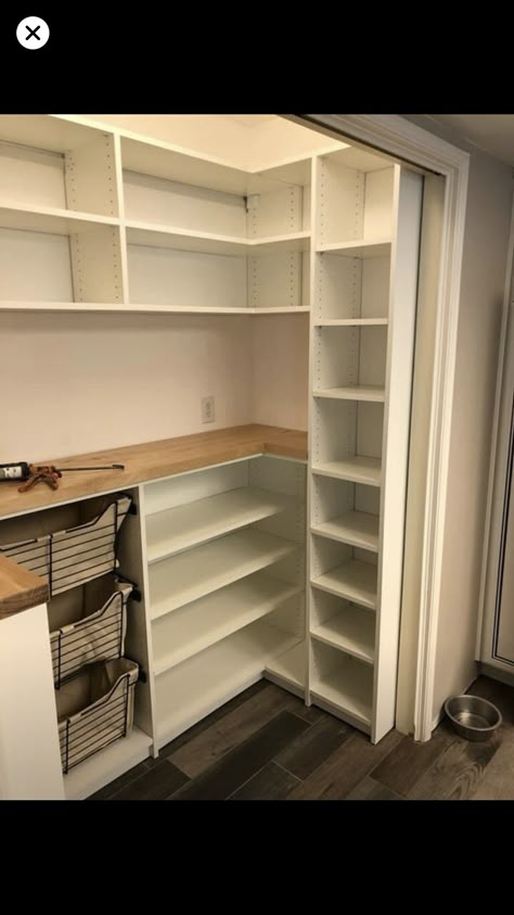 Double Closet Pantry, Sloped Kitchen Ceiling Cabinets, Step In Pantry Design, Pantry Location In Kitchen, Pantry Expansion Ideas, Small Custom Pantry, Closet Converted To Pantry, This Bookshelf, Small Pantry Renovation