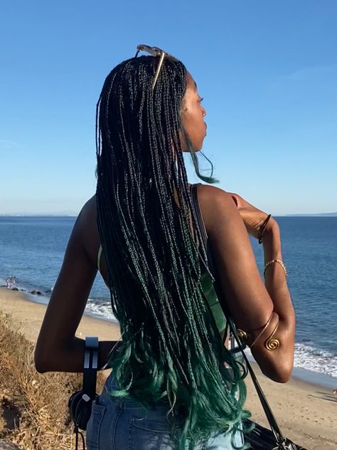 Dark Green Box Braids, Dark Green Braids, Afro Braided Hairstyles, Green Box Braids, Green Braids, Dream Hairstyles, Hair Twists Black, Dark Green Hair, Small Box Braids