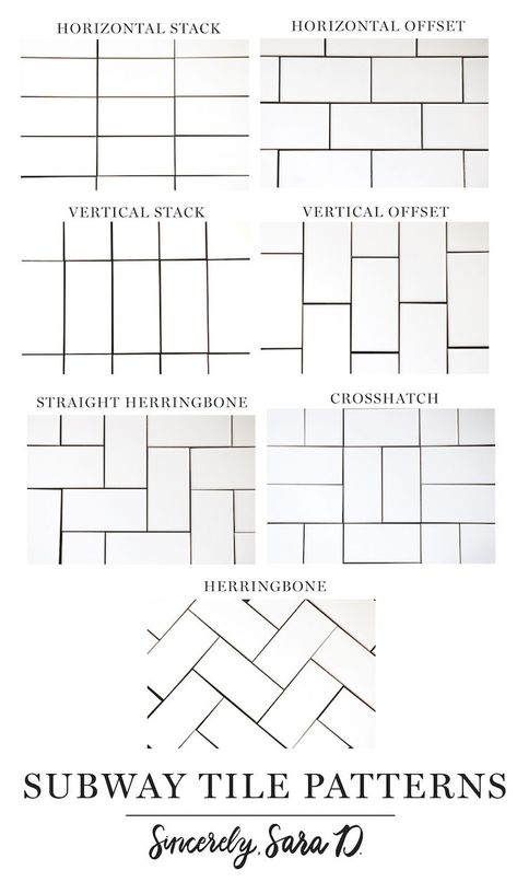 Curious about subway tile and different subway tile patterns?  Blogger shares 7 different tile design and a really helpful video!  #tile #tilepatterns #subwaytile #subwaytilepatterns Shower Tile Stacked Horizontal, Subway Tile Design Ideas, Subway Tile With Dark Grout In Kitchen, Shower Subway Tile Dark Grout, Satori Tile Backsplash, Dark Subway Tile Bathroom, Dark Grout Shower Tile, Subway Tile Layout Patterns, Subway Tile With Dark Grout