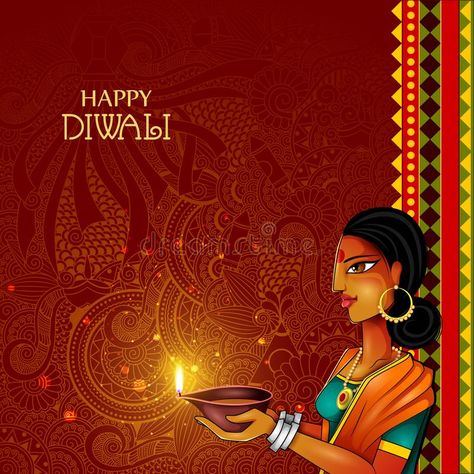 Illustration of lady holding decorated diya for Happy Diwali holiday background vector illustration Diwali Kandil, Diwali Holiday, Festive Holiday Cocktails, Holiday Background, Holiday Cocktails, Happy Diwali, Background Illustration, Festive Holiday, Rangoli Designs