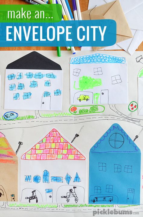 Make an Envelope City. - Picklebums Make An Envelope, Easy Art For Kids, How To Make An Envelope, Summer Reading Program, Creative Curriculum, Drawing Activities, Preschool Art, Elementary Art, Toddler Crafts