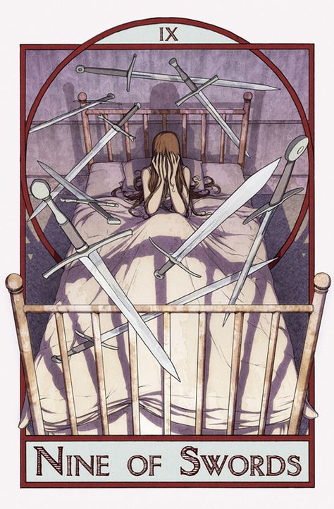 The Nightmare Card by spoonbard 9 Of Swords Tarot, Reverend Hale, Nine Of Swords Tarot, 9 Of Swords, Nine Of Swords, Hippie Pictures, Soul Cards, Swords Tarot, Online Tarot