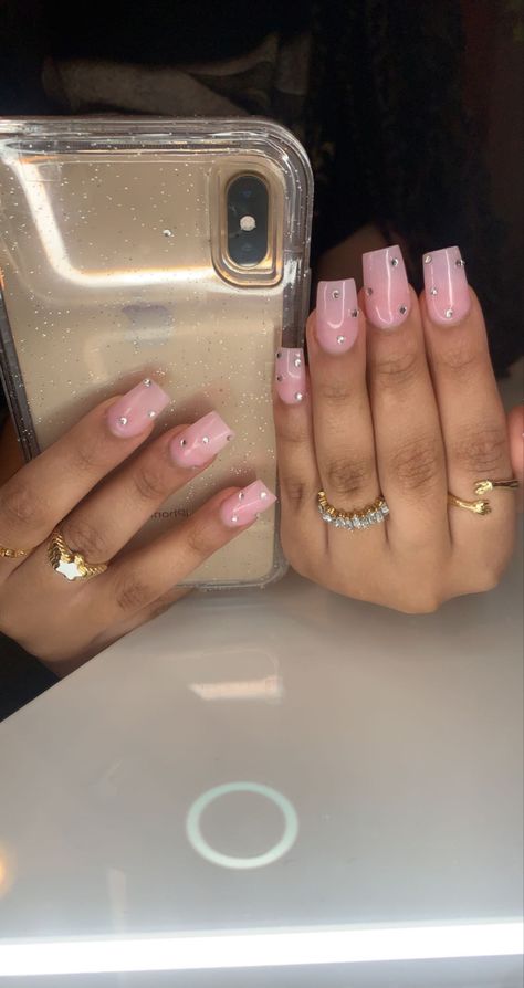 Pink Nail Designs Diamonds, Light Pink Square Nails With Rhinestones, Medium Nail Ideas Pink, Diamonds On Short Nails, Natural Pink Nails With Rhinestones, Clean Nails Look Acrylic, Medium Short Nails Acrylic Square Pink, Soft Pink Nails With Rhinestones, Short Acrylics With Rhinestones