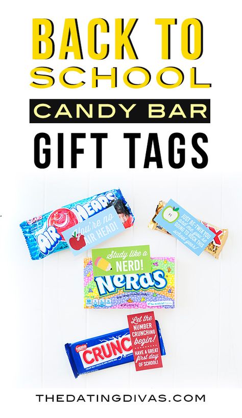 Quick and easy Back to School gift idea. Free printable candy bar gift tags for your kids!  This would be fun to sneak in their lunchbox.  www.TheDatingDivas.com Candy Sayings Gifts, Holiday Candy Bar, Candy Gram Ideas, Partner Appreciation, Candy Sayings, Cc Challenge A, Kids Ministry Ideas, Candy Bar Gifts, Long Distance Birthday