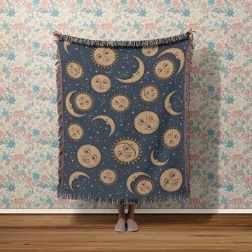 Blankets – Esdee Sun And Moon Blanket, Retro Celestial, Woven Tapestry Wall Hangings, Moon Blanket, 90s Whimsigoth, Moon Nursery, Star Blanket, Woven Throw Blanket, Woven Tapestry