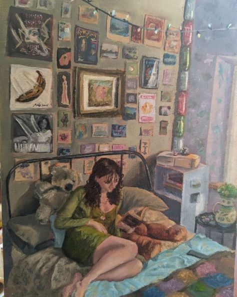 Oil Painting Bedroom, Artists Self Portraits, Contemporary Self Portraits, Oil Paint Self Portrait, Paintings Of Bedrooms, Messy Oil Painting, Procrastination Painting, Painting Of Bedroom, Room Full Of Paintings