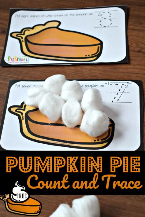 FREE Pumpkin Pie Count and Trace - super cute, hands on math activity for preschool, prek, toddler, and kindergarten age kids to practice counting to 10 while having fun with an educational activity for Thanksgiving #counting #pumpkin #prek Number Trace, Preschool Pumpkin, Cute Hands, Thanksgiving Activities For Kindergarten, Thanksgiving Math Activities, Thanksgiving Activities Preschool, Thanksgiving Lessons, Thanksgiving Crafts Preschool, November Activities