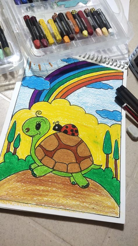 Oil pastels colour, A4 size sheet Oil Pastel Drawing For Kids, Oil Pastel Art For Kids, Tortoise Drawing, Easy Scenery, Easy Scenery Drawing, Sun Crafts, Oil Pastel Colours, Scenery Drawing, Class Poster