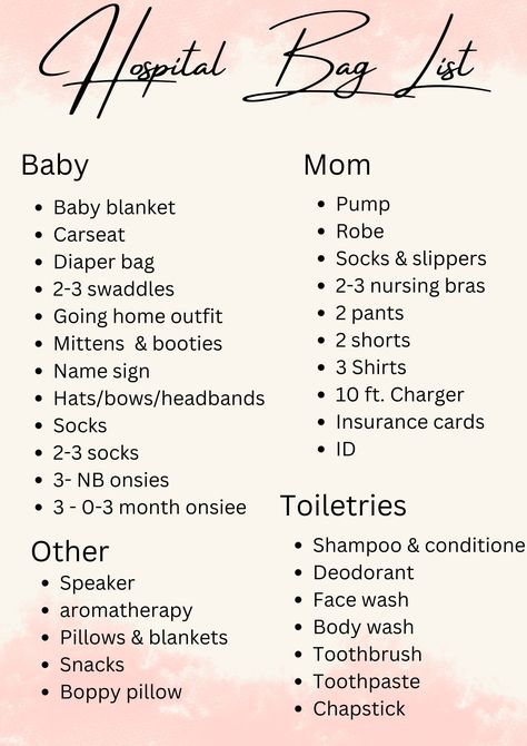 Hospital bag checklist to help prepare you for your baby's arrival! Birthing Bag Checklist, Mother Hospital Bag Packing Lists, Checklist For Baby Arrival, Hospital Toiletries Bag, Hospital Birth Bag, Second Time Mom Hospital Bag, Diaper Bag Hospital Checklist, Preparing For Baby Checklist, Moms Hospital Bag Packing Lists